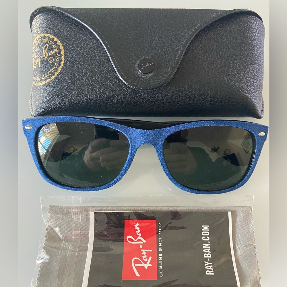 Ray Ban Wayfarers - 58 • 18; Blue “Suede” & black frames
